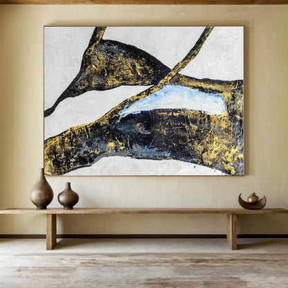 Hand Painted Art Black, Gold & Blue Abstract Shapes On Canvas HPS009
