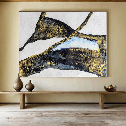 Hand Painted Art Black, Gold & Blue Abstract Shapes On Canvas HPS009