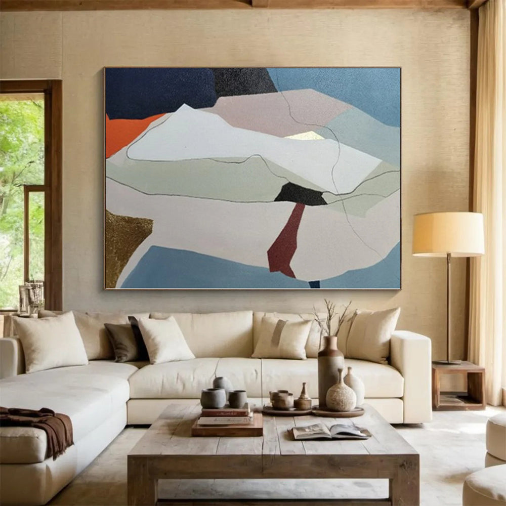 Unique Abstract Art with Pastel and Metallic (Blue, Beige, Gold, Red) Shapes PT020