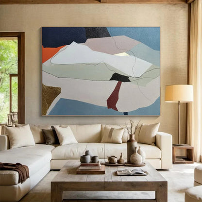 Unique Abstract Art with Pastel and Metallic (Blue, Beige, Gold, Red) Shapes PT020