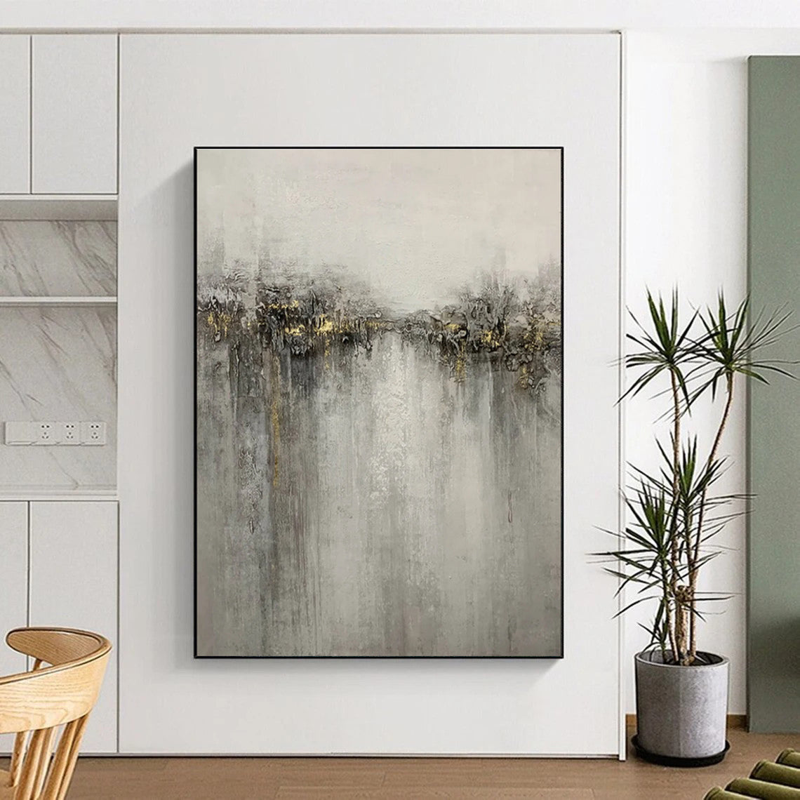 Hand-Painted Gray & Gold Abstract Textured Cityscape, Paintings For House DPS511