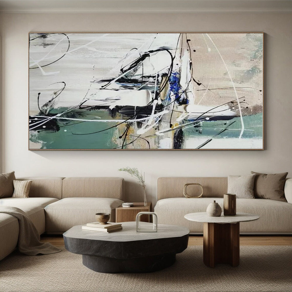 Hand Painting White, Black, Green, and Blue Dynamic Abstract Art PT801