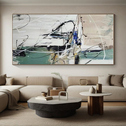 Hand Painting White, Black, Green, and Blue Dynamic Abstract Art PT801