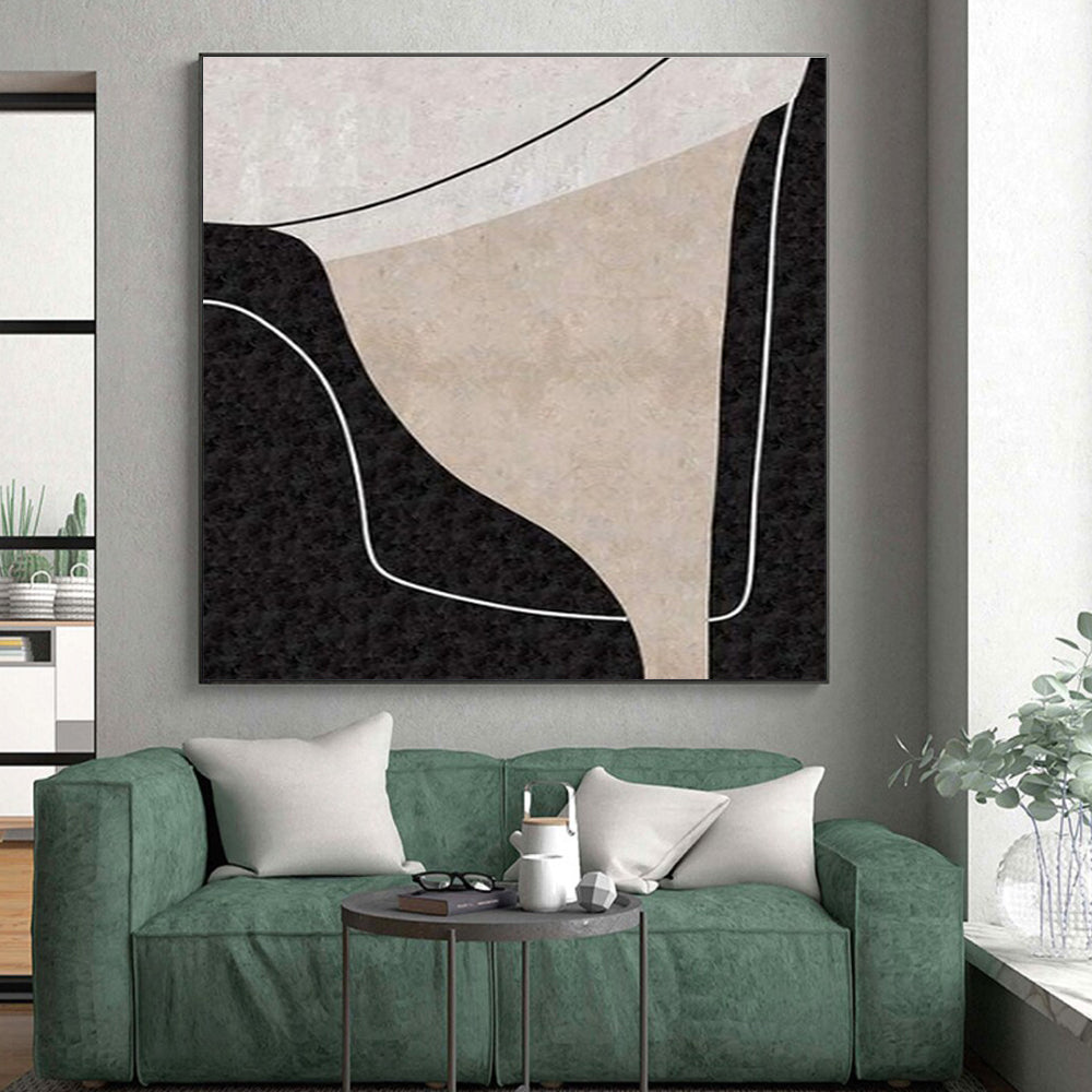Hand-Painted Black, Beige, and White Geometric Abstract Art PT682