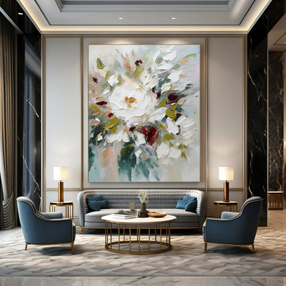 Hand-Painted White, Green & Red Floral Abstract, Paintings For House DPS501