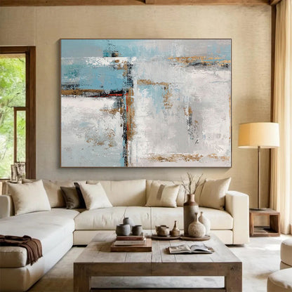 Large Painting In Living Room Blue Gray Gold Textured Abstract Art PT427