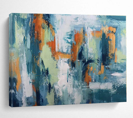 Modern Art Acrylic Teal, Orange & Green Urban Abstract Painting On Canvas HPS079