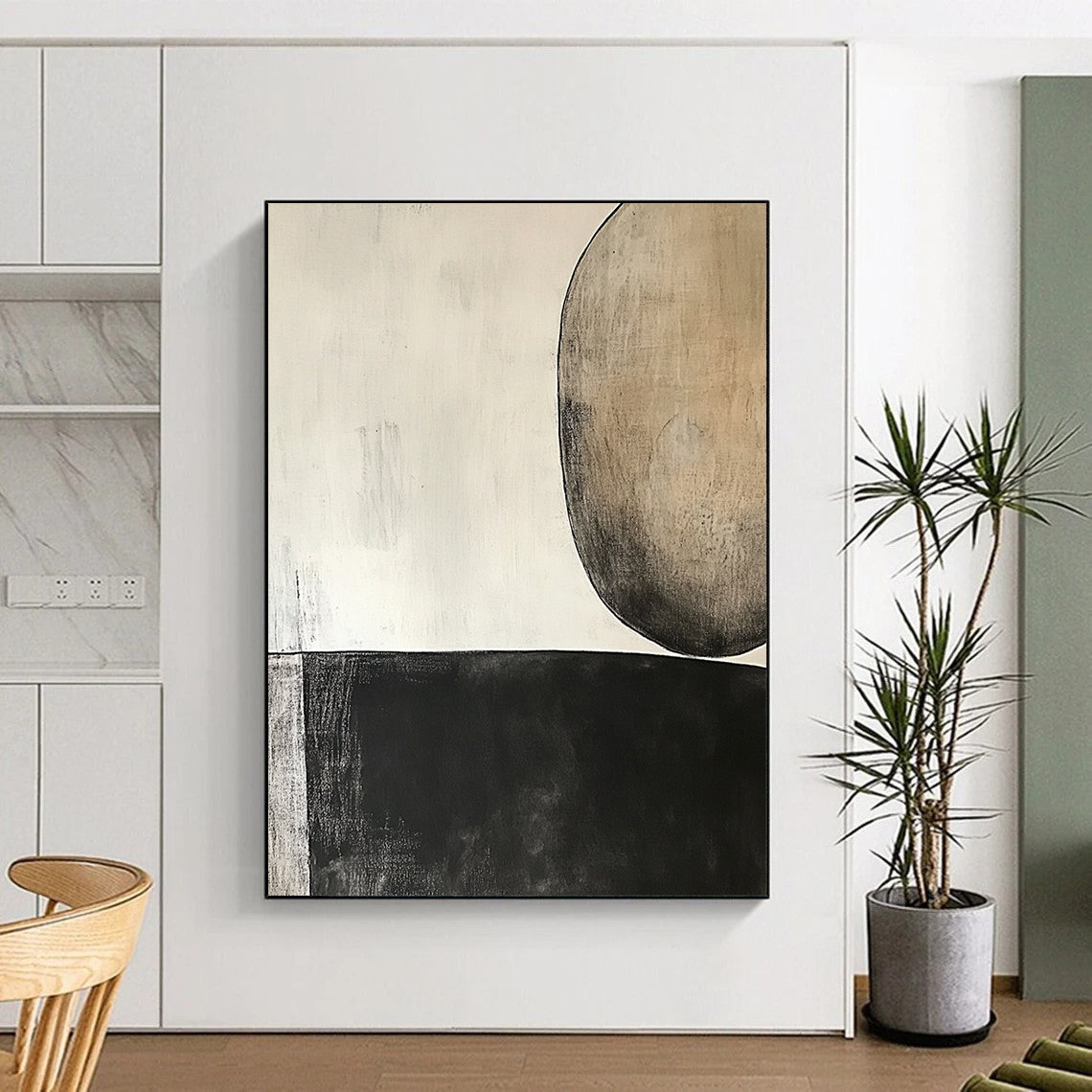 Abstract Canvas Wall Art Large, Black White Beige Abstract Minimalist Art PT155