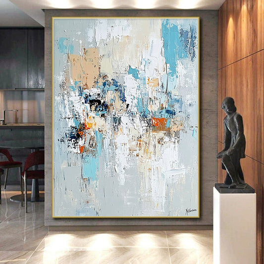 Affordable Large Abstract Wall Art, Blue Beige Orange Abstract Textured Art PT158