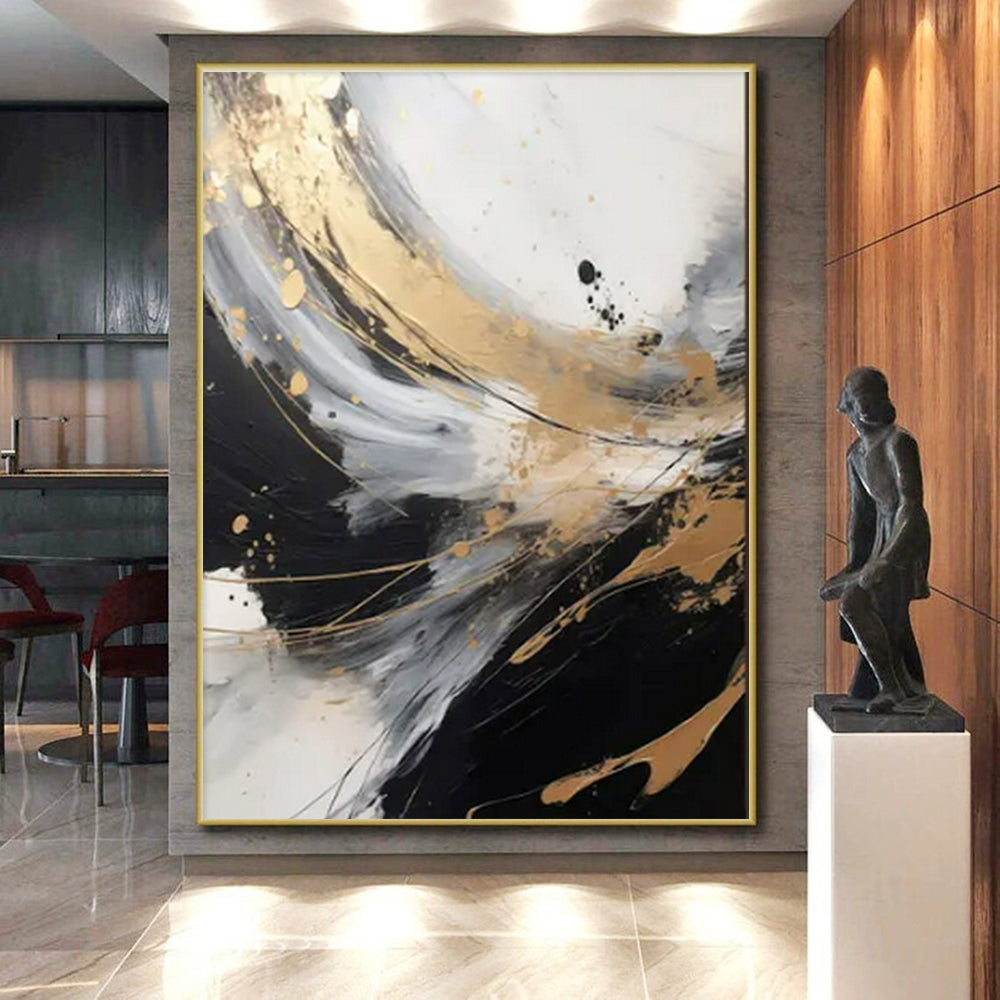 Cool Abstract Paintings - Black, White, Gray & Gold Dynamic Abstract Art with Flowing Lines PT594