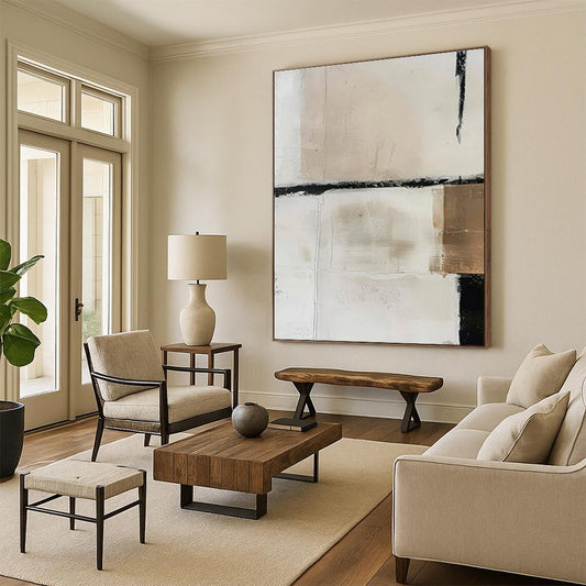 Hand-Painted Beige, Black, and Gold Textured Abstract Art PT785