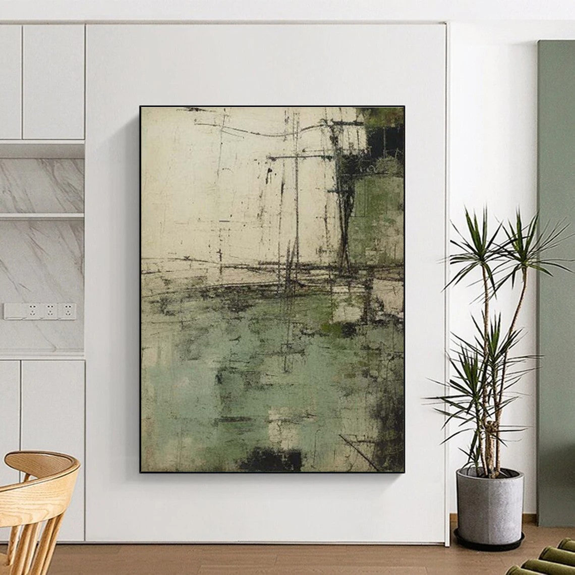 Oversized Abstract Wall Art Green Beige Textured Urban Abstract Art PT336