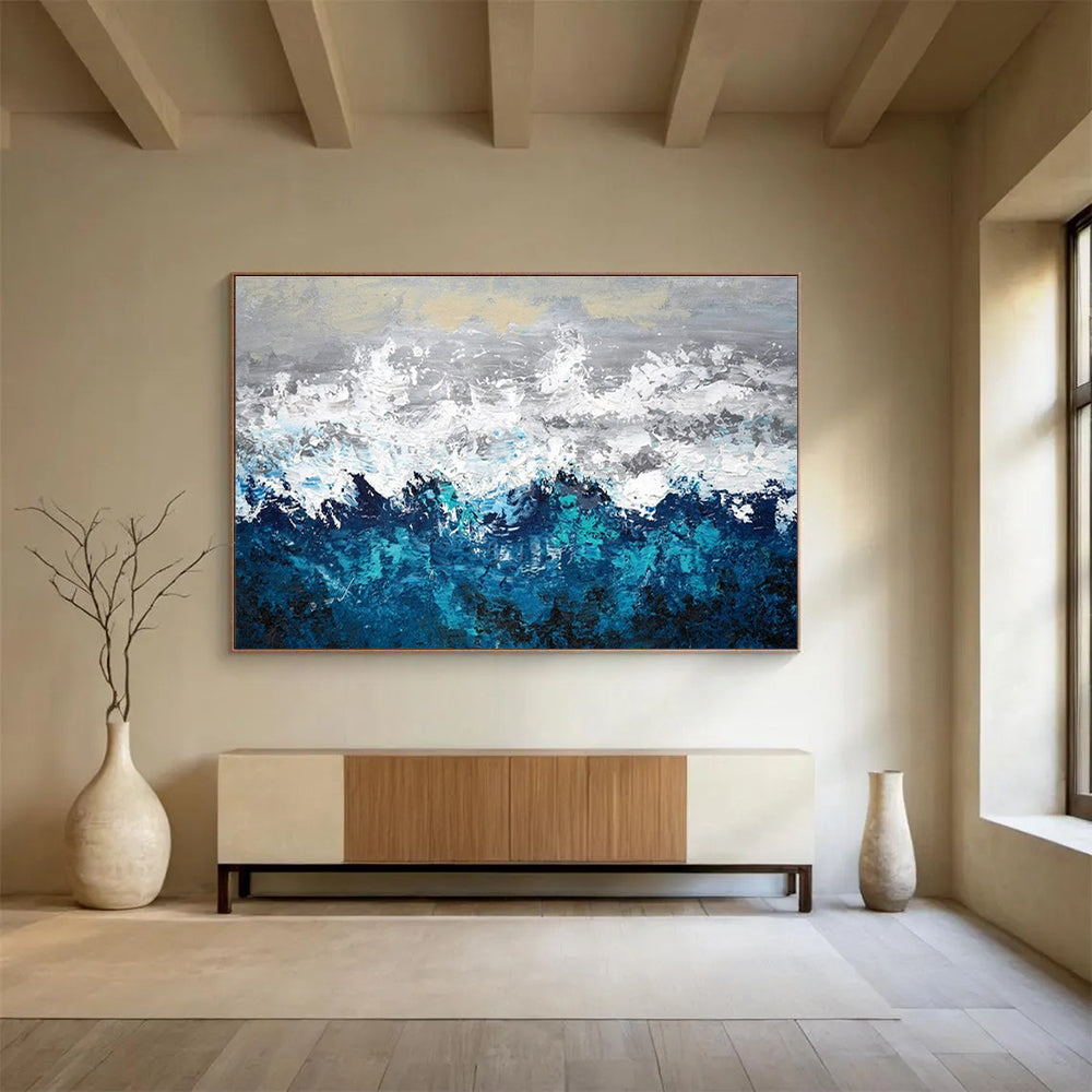 Paintings For House Blue, White, and Gray Textured Abstract Seaside Art HPS370