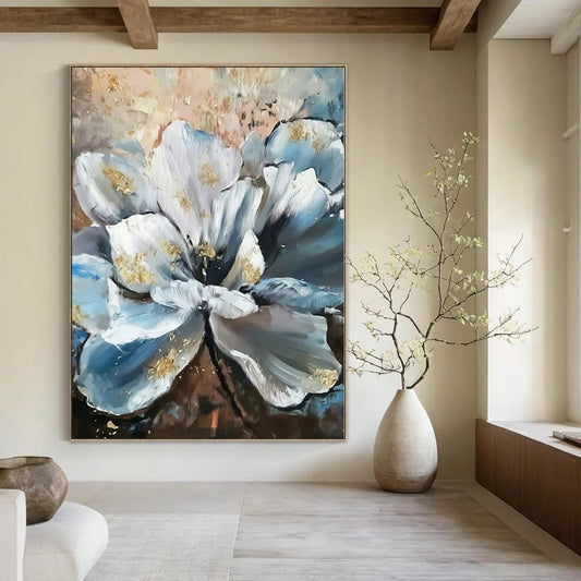 Hand Painted Art Blue and White Floral with Gold Accents Abstract Flower Painting DPS428