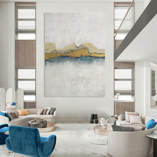 Huge Size White, Gold, and Blue Textured Abstract Landscape Art DPS468