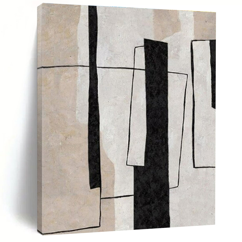 Modern Art Acrylic Black, Beige, and White Geometric Abstract Art PT697