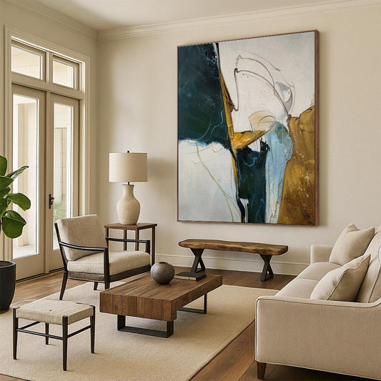 Handmade Art Green, Gold, and White Dynamic Abstract Art PT810