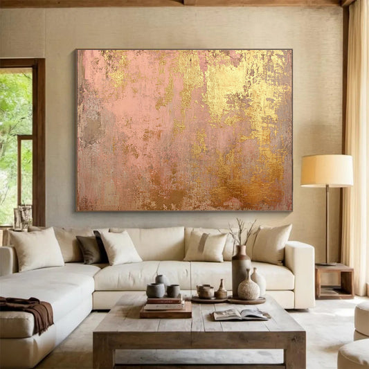 48x60 Pink & Gold Textured Abstract Acrylic Painting HPS245