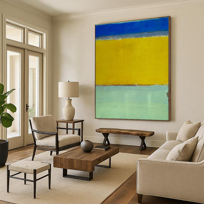 Hand Painted Art Blue, Yellow & Gray Color Field Abstract Painting On Canvas PT105