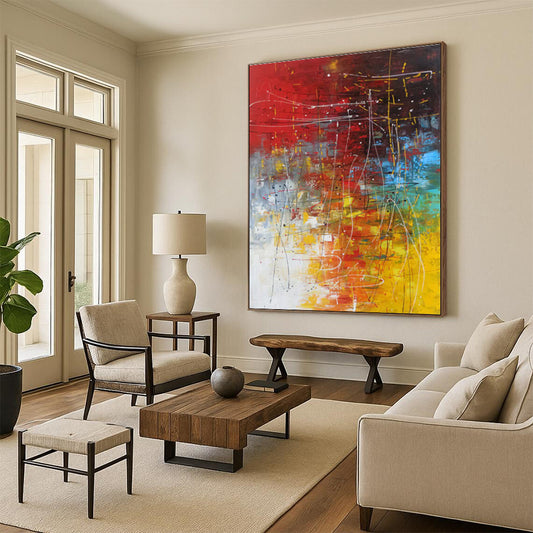 Oversized Abstract Wall Art in Red, Yellow, Blue, Green, and White Abstract Lines and Shapes PT249