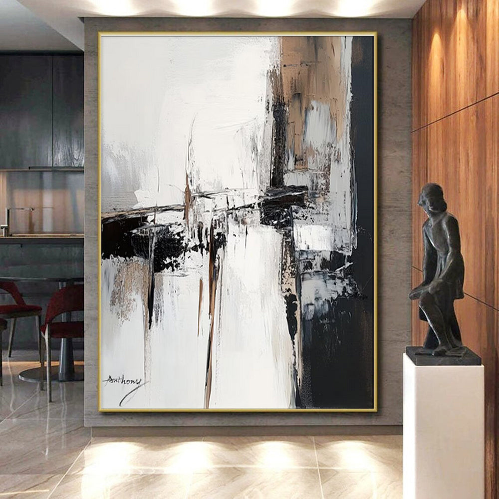 Acrylic Modern Art Paintings Beige, Black, and White Textured Abstract Art PT792