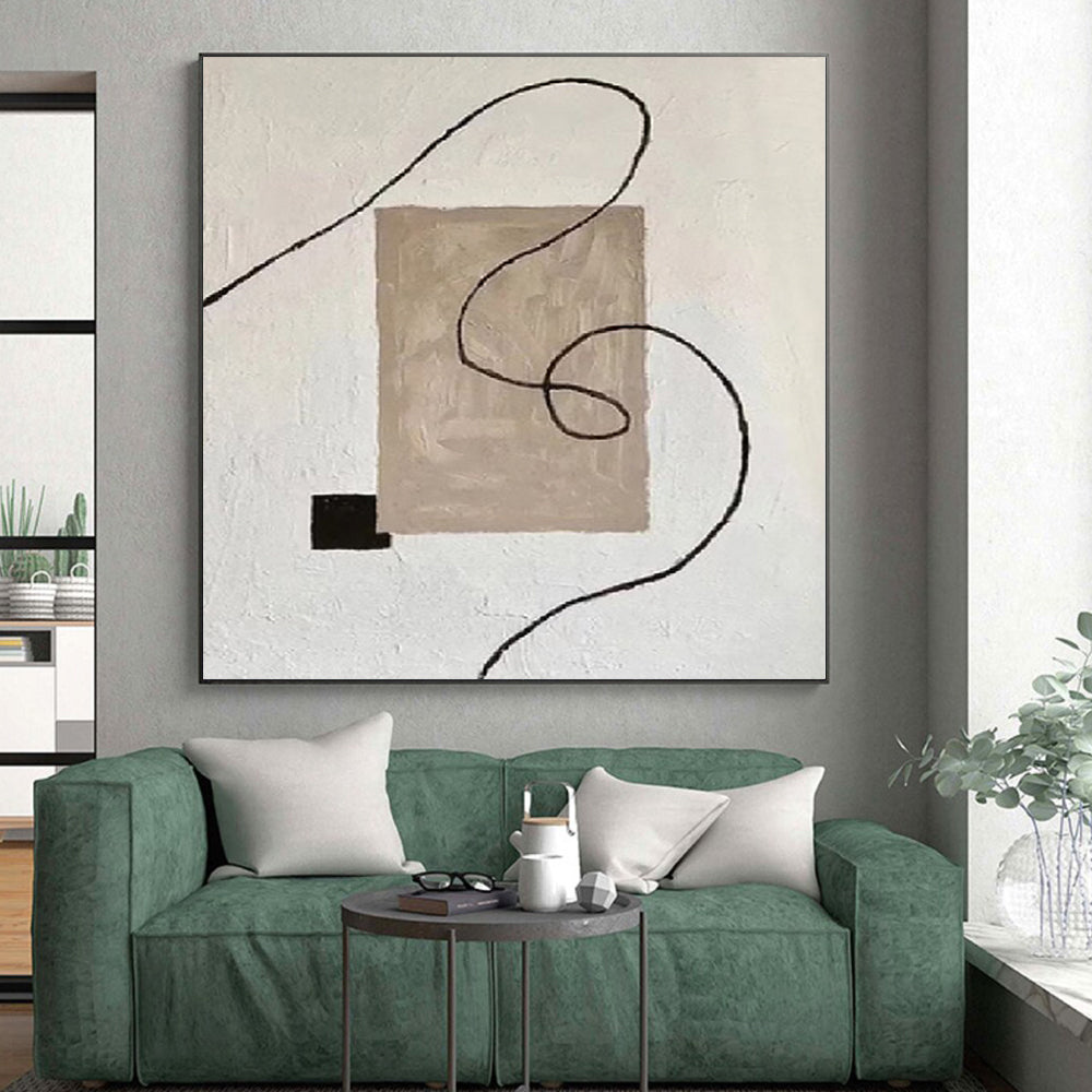 Handmade Art Beige, Black & White Minimalist Abstract Painting On Canvas PT064