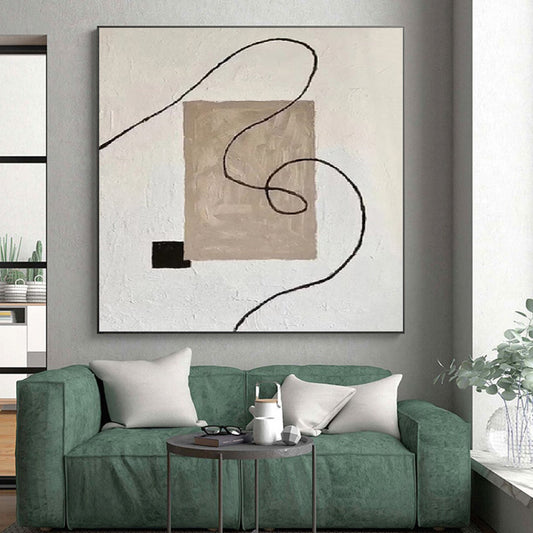 Handmade Art Beige, Black & White Minimalist Abstract Painting On Canvas PT064