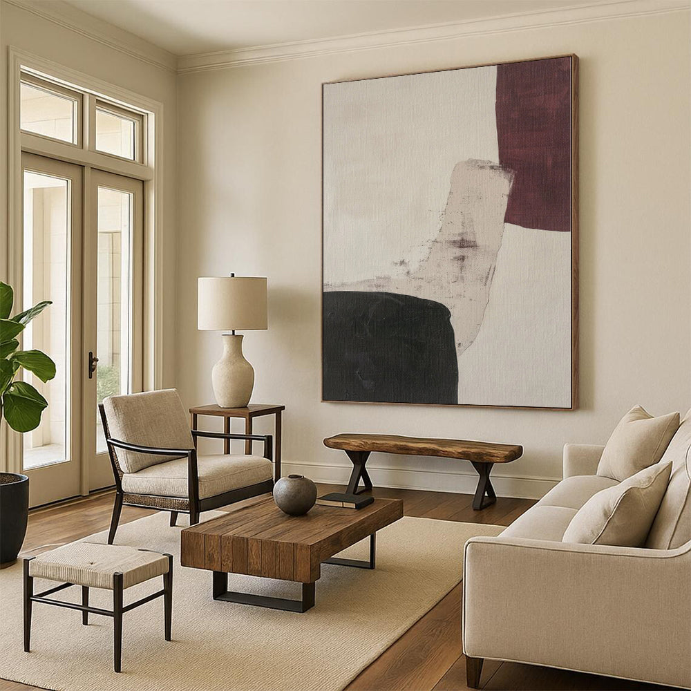 Unique Abstract Art Black, White & Maroon Geometric Abstract Painting On Canvas PT025