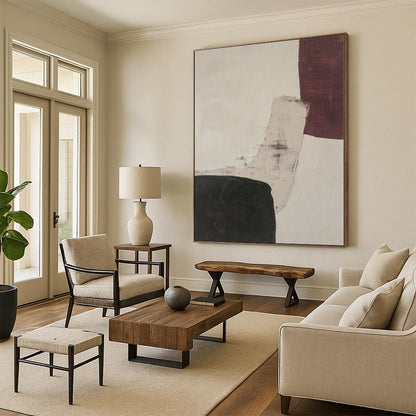 Unique Abstract Art Black, White & Maroon Geometric Abstract Painting On Canvas PT025