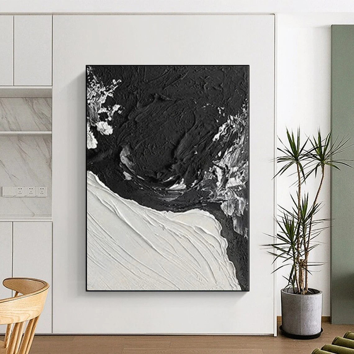 Oversized Abstract Wall Art in Black and White with Textured Brushstrokes PT019