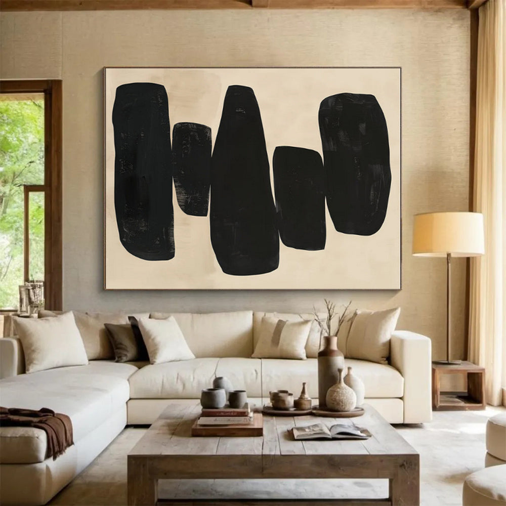 Unique Abstract Art Beige Black Stacked Shape Art PT375