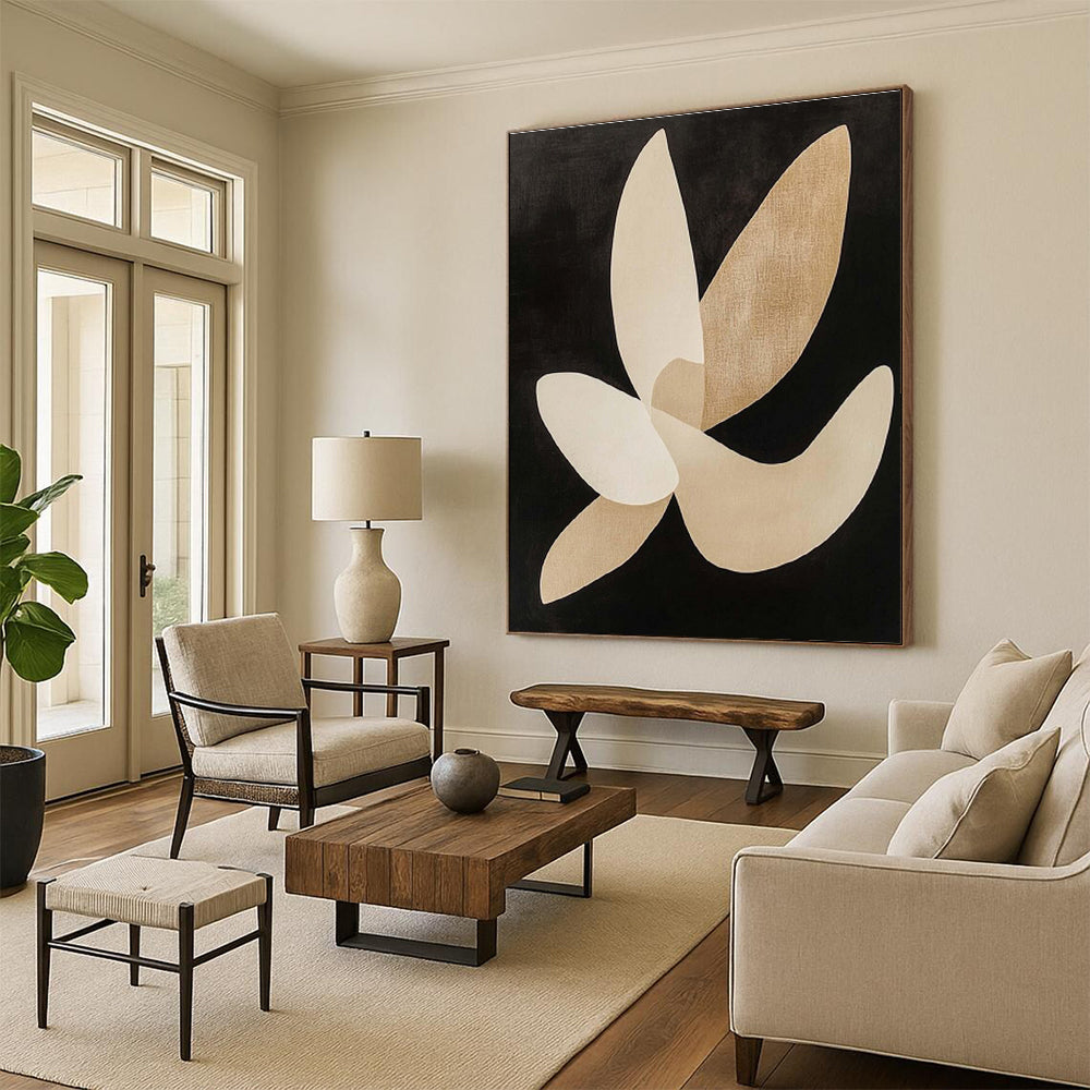 Hand Painted Art Beige and Black Abstract Floral Shapes, Modern Art Acrylic PT325