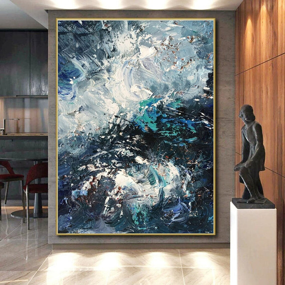 Oversized Abstract Wall Art Blue, White, and Teal Textured Sea Abstract Art PT756