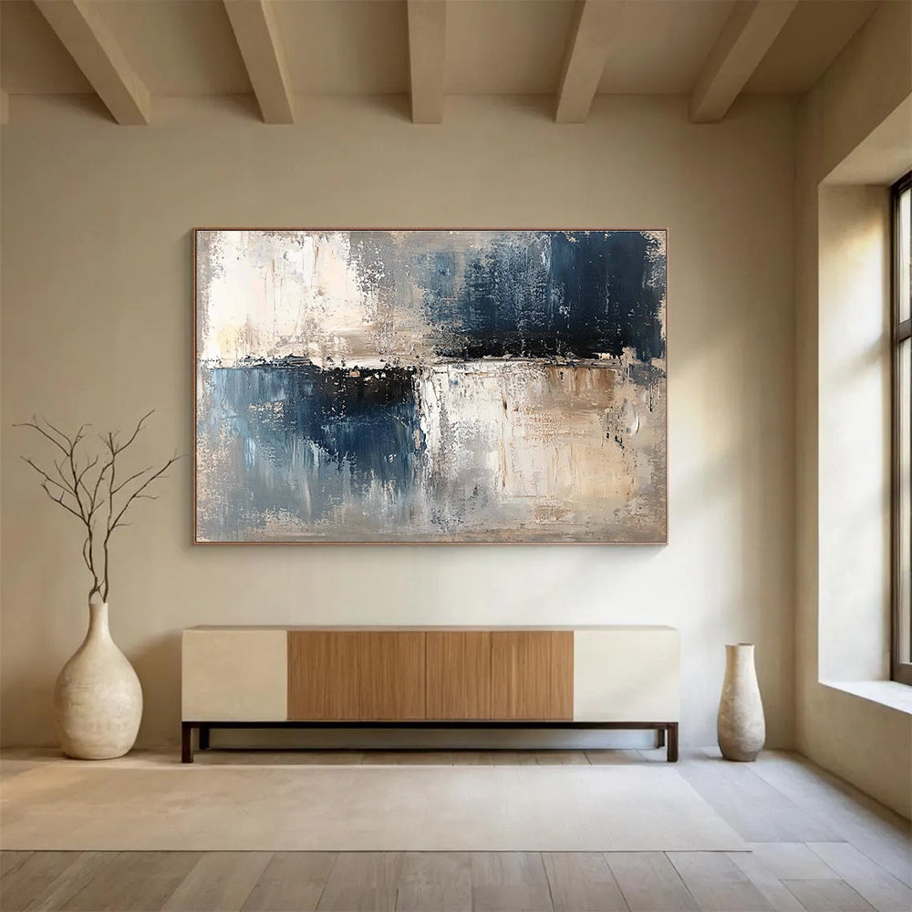 Oversized Abstract Wall Art Blue, Gray & Beige Textured Landscape Abstract Painting HPS277