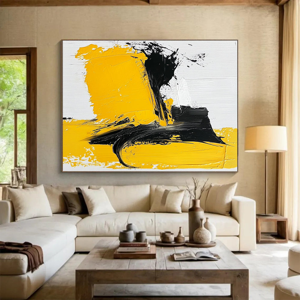 Large Abstract Painting For Living Room, Yellow Black White Abstract Expressionist Art PT140