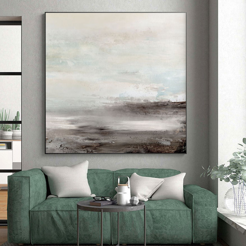 Big Painting in Beige, Grey, and Brown Abstract Misty Landscape Art PT238