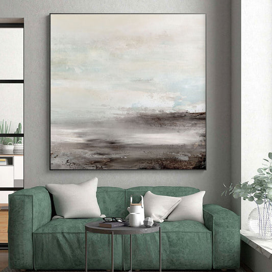 Big Painting in Beige, Grey, and Brown Abstract Misty Landscape Art PT238