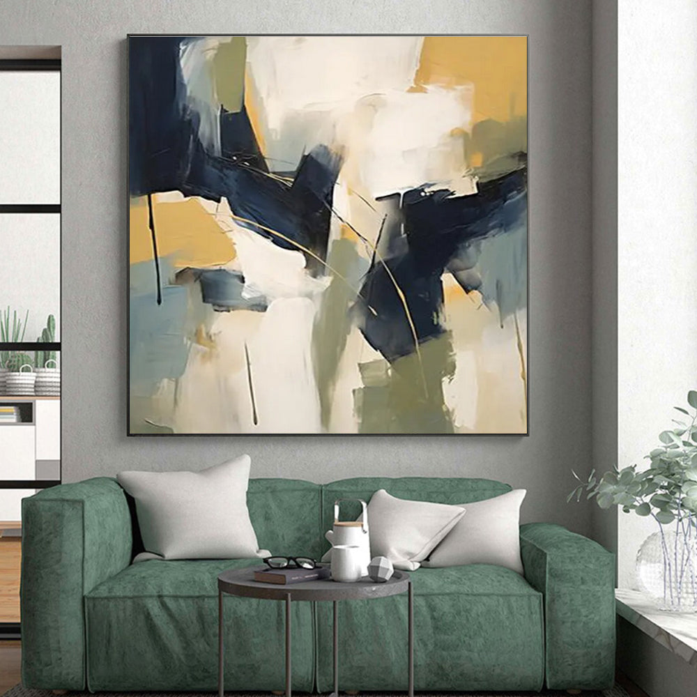 Big Painting in Navy, White, Yellow, and Grey Abstract Shapes PT230