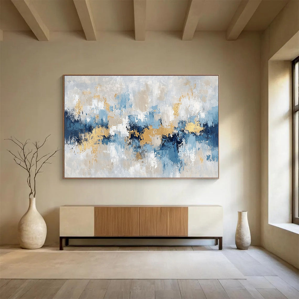Oversized Abstract Wall Art Blue, Gray, Gold & White Textured Abstract Painting HPS263