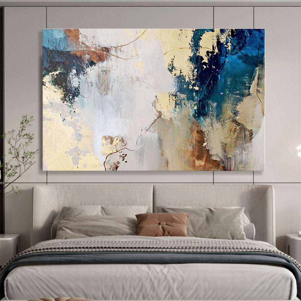 Hand Painted Art Blue, Beige & Gold Textured Abstract On Canvas HPS044