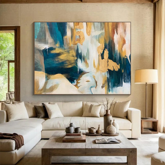 Paintings For House Teal, Gold, and Beige Textured Abstract Art HPS380