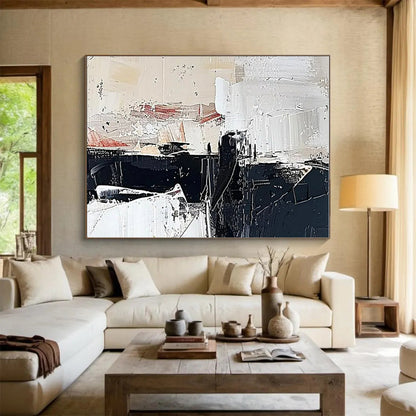 Handmade Art Black, White, and Beige Dynamic Abstract Art PT820