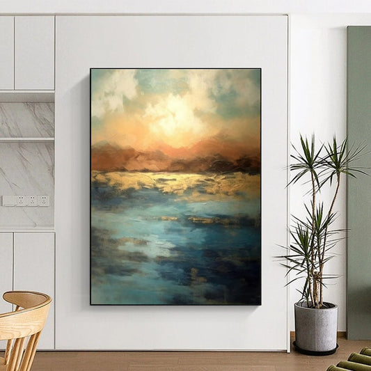 Large Painting In Living Room Colorful Abstract Sunset Over Water, Modern Art Acrylic DPS491