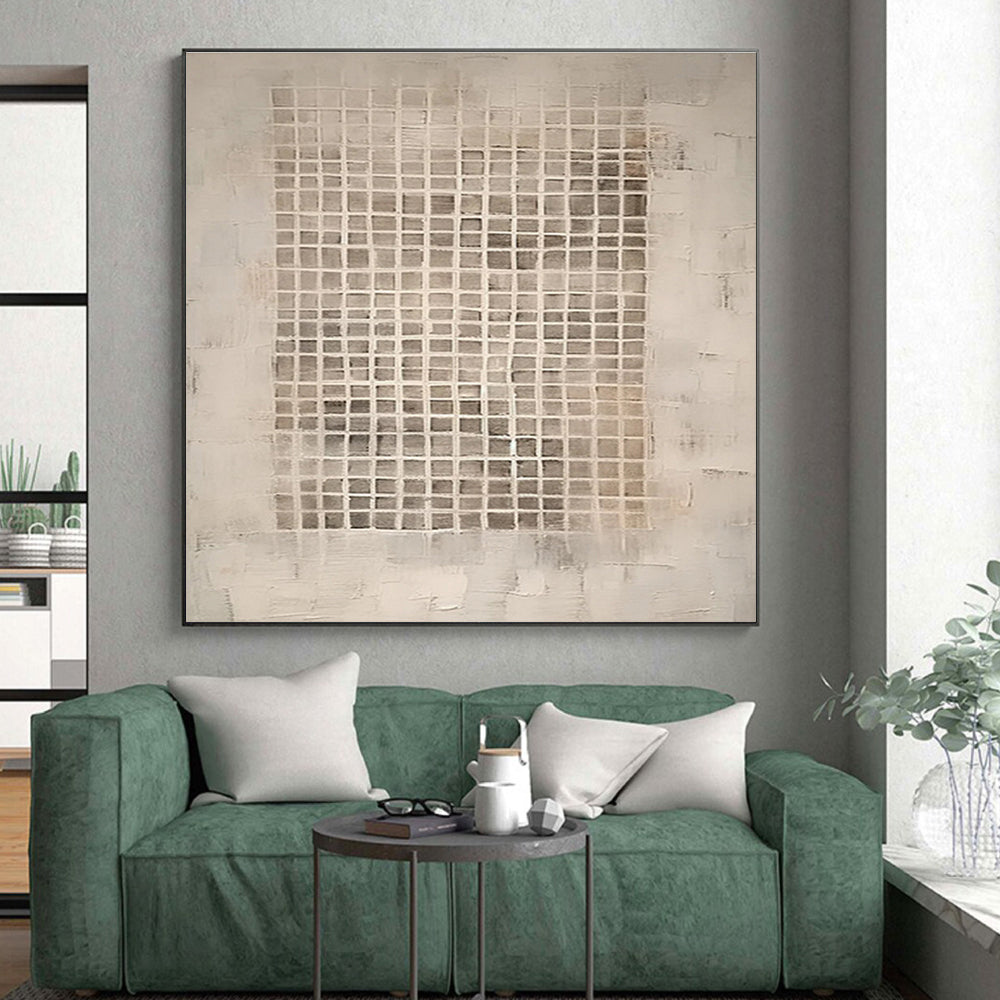 Minimalist Canvas Art in Beige and Gray Grid Pattern, Handmade Art PT299