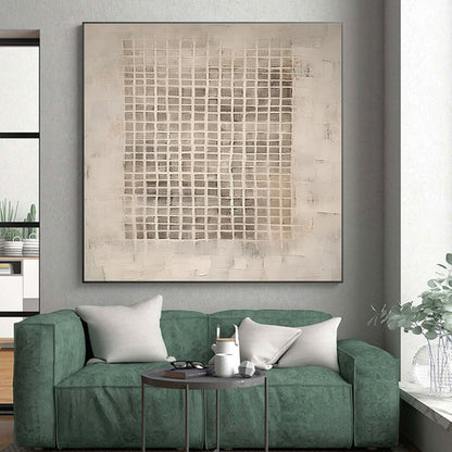 Minimalist Canvas Art in Beige and Gray Grid Pattern, Handmade Art PT299