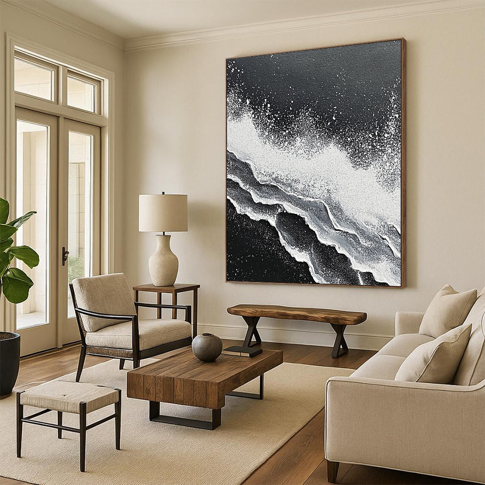 Wall Decor Abstract Paintings Large, Black White Abstract Textured Wave Art PT176