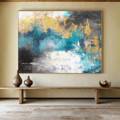 Large Size Teal & Gold Abstract Modern Art Acrylic On Canvas HPS004