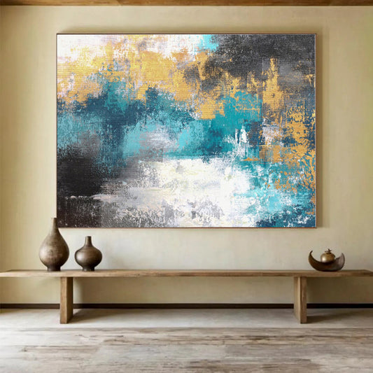 Large Size Teal & Gold Abstract Modern Art Acrylic On Canvas HPS004
