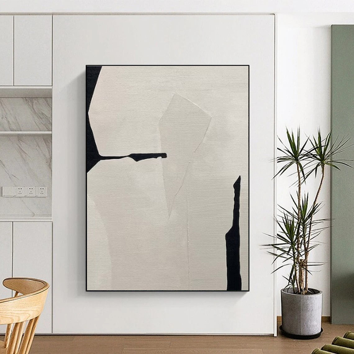 Minimalist Canvas Art Beige and Black Geometric Abstract Art PT794