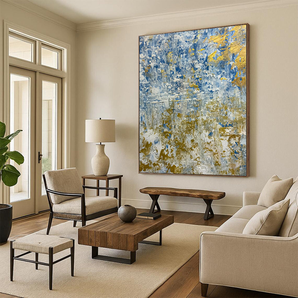 Hand Painting Blue, Gold & White Textured Abstract Painting On Canvas PT108